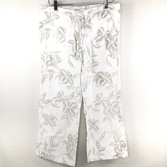 London Jean White Linen Blend Gray Floral Wide Leg Pant Women's Size S - Picture 1 of 4